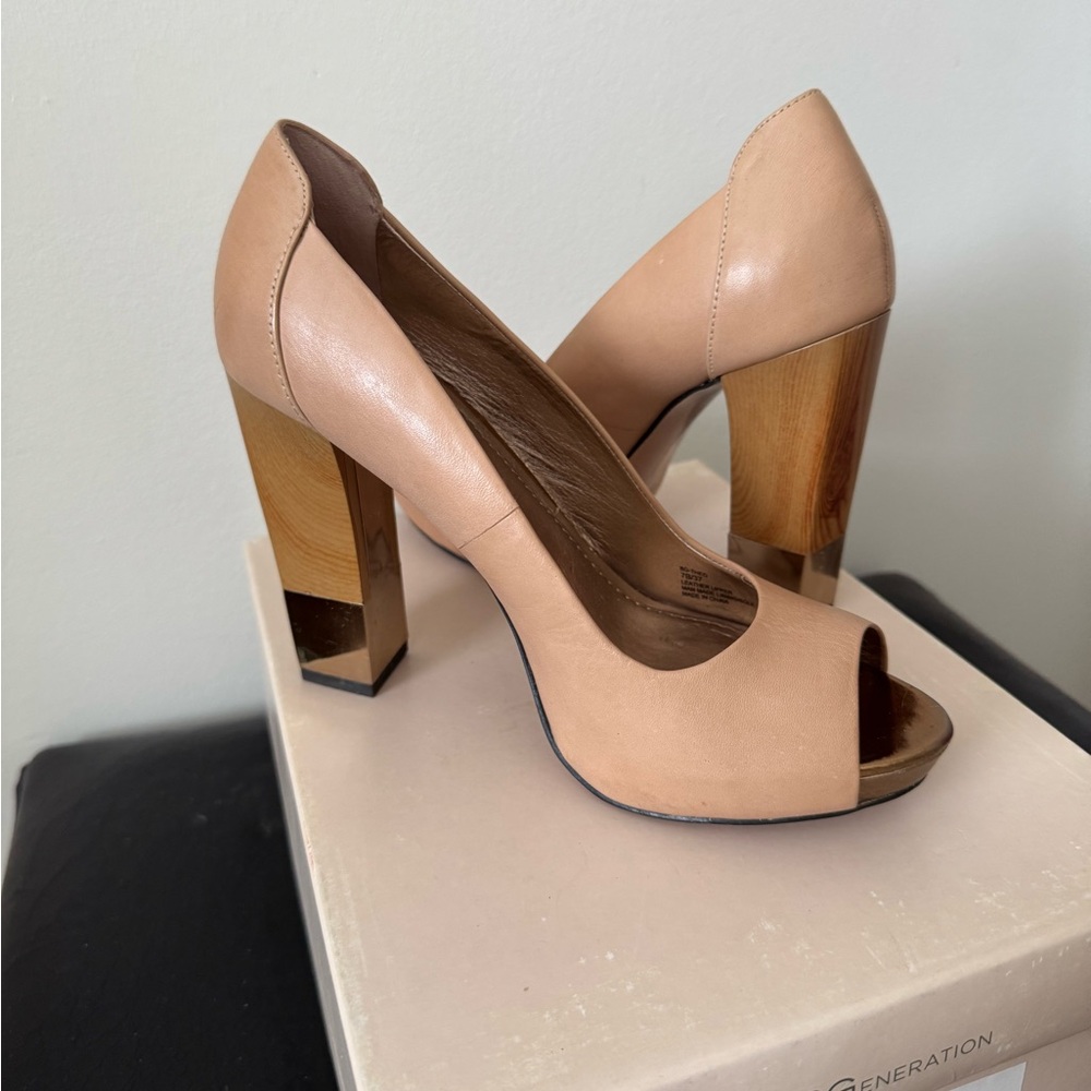 BCBGeneration Leather Tan Peep Toe Heels - Size 7M